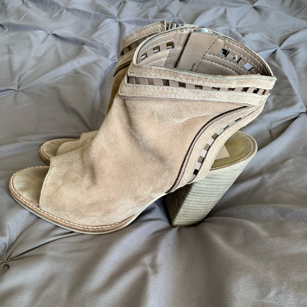 Tan suede open toe booties